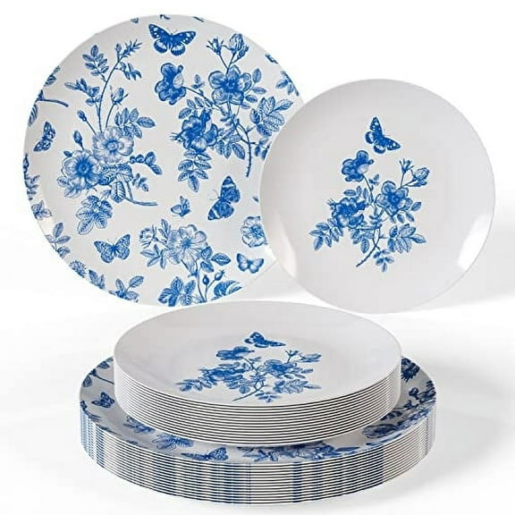 Trendables™ Plastic Wedding Plates 40 Piece Plastic - Disposable Plates Set (20 Guests)  - White  Blue Floral Design