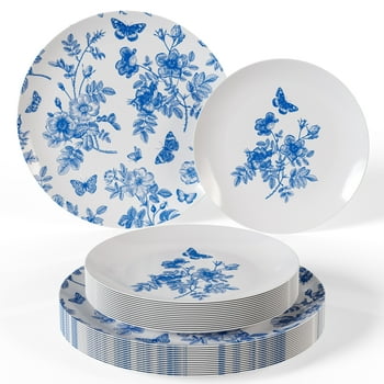 Trendables™  Plastic Wedding Plates - 80 Piece Disposable Plates Set (40 Guests) - White Blue Floral Design