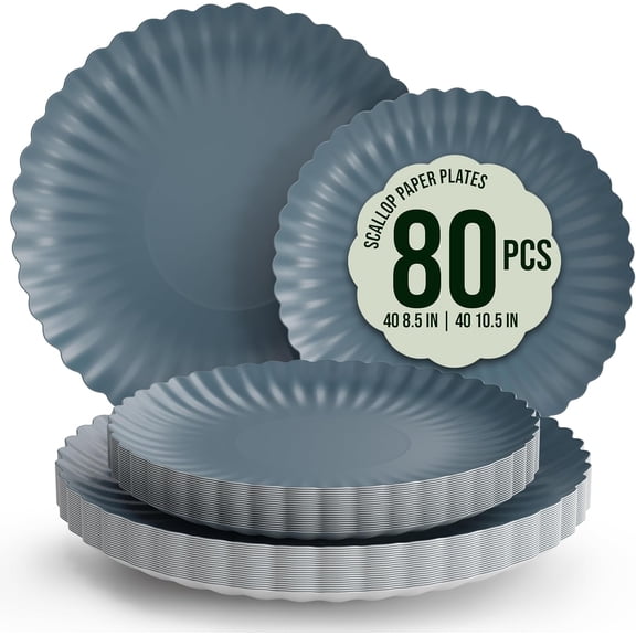 Trendables Scalloped Paper Plates 8.5 Inch & 10.5 Inch 80 Pcs Dinner Plate Set Fancy Disposable Plates for Party for 40 Guests 40 X 8 & 40 X 10 Large & Small Paper Plate Set for Parties Slate Blue