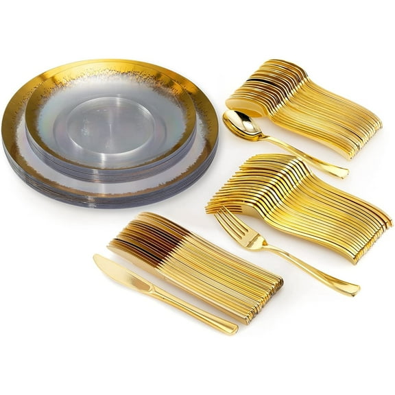 Trendables Scratch Gold Design Disposable Dinnerware Set, Plastic, 50 Pieces, Service for 10