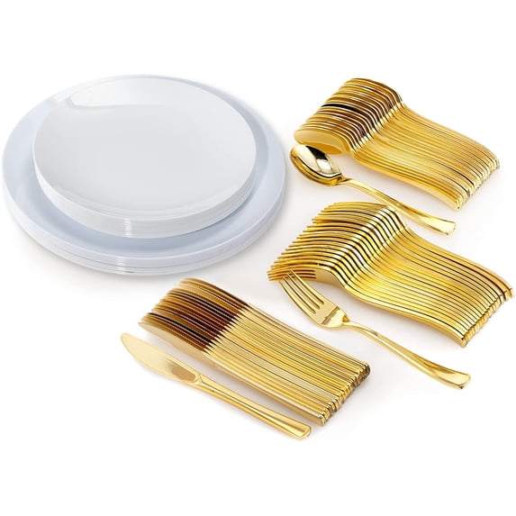 Trendables White Design Disposable Dinnerware Sets, Plastic Dinner Utensils Set - Service for 10