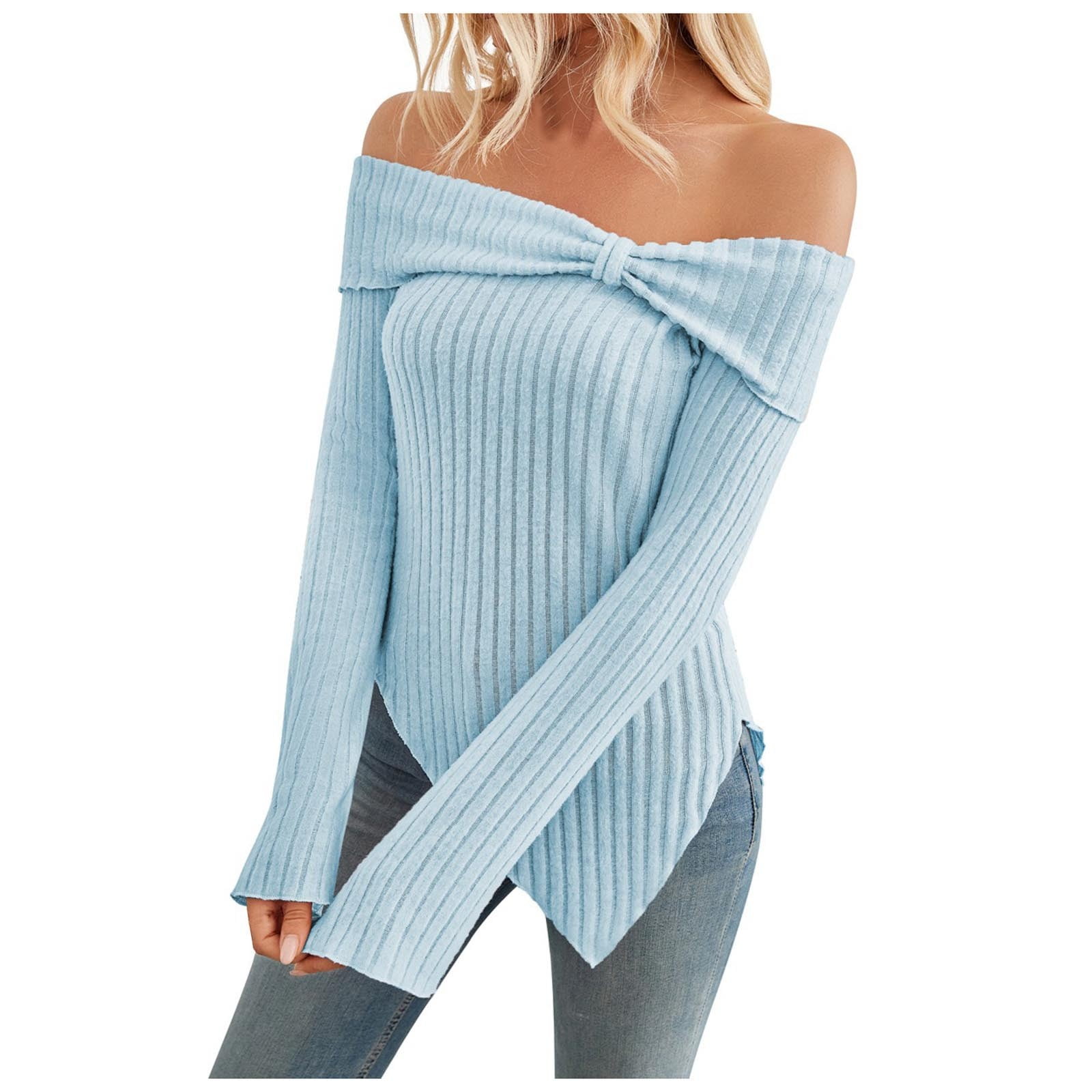 Trendelle Women Sexy Off Shoulder Sweater Irregular Curved Hem Wrapped Knot Pullover Flare Long Sleeve Casual Knitting Tops Blue XL Walmart