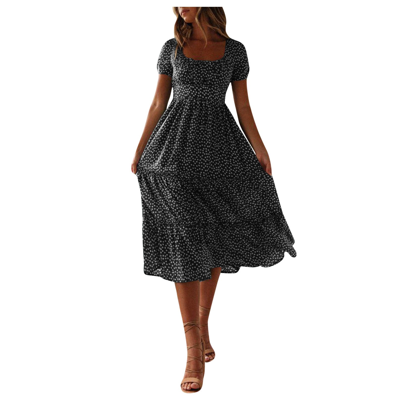VELJIE Women's Vintage Floral Midi Dress - Short Sleeve Retro 1950s Style Fit And Flare Dress For Party & Casual - View #10