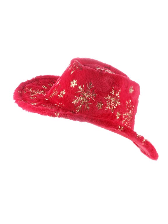 Adults Christmas Cowboy Hat Snowflake Pattern Fluffy Western Headwear Curved Brim Holiday Party Cowgirl Accessory