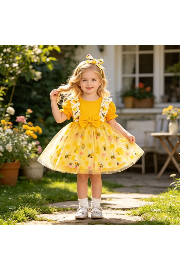 Baby Girls Ball Gown Tutu Dress Mid-Length Short Sleeve Bee Pattern Mesh Ruffle Bow Decor Headband Set Birthday Party Outfits