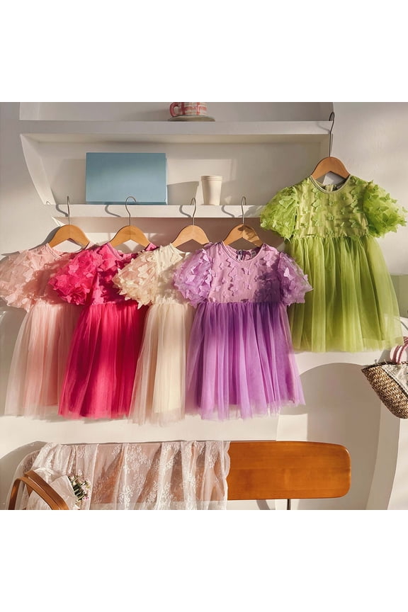 Baby Girls Ball Gown Tutu Dress Mini Short Sleeve Crew Neck 3D Butterfly Decor Mesh Layered Details Birthday Party Daily Wear