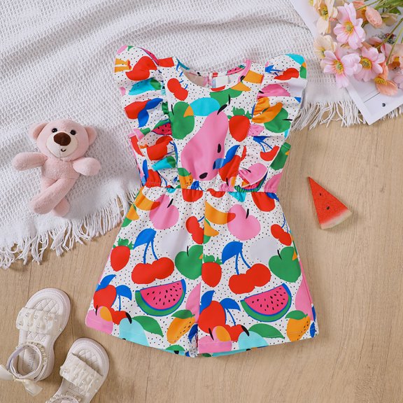 Trendfront Baby Girls Outfits Mini Sleeveless Square Neck All Over Fruit Graphic Ruffle Flutter Sleeve Romper Play Wear