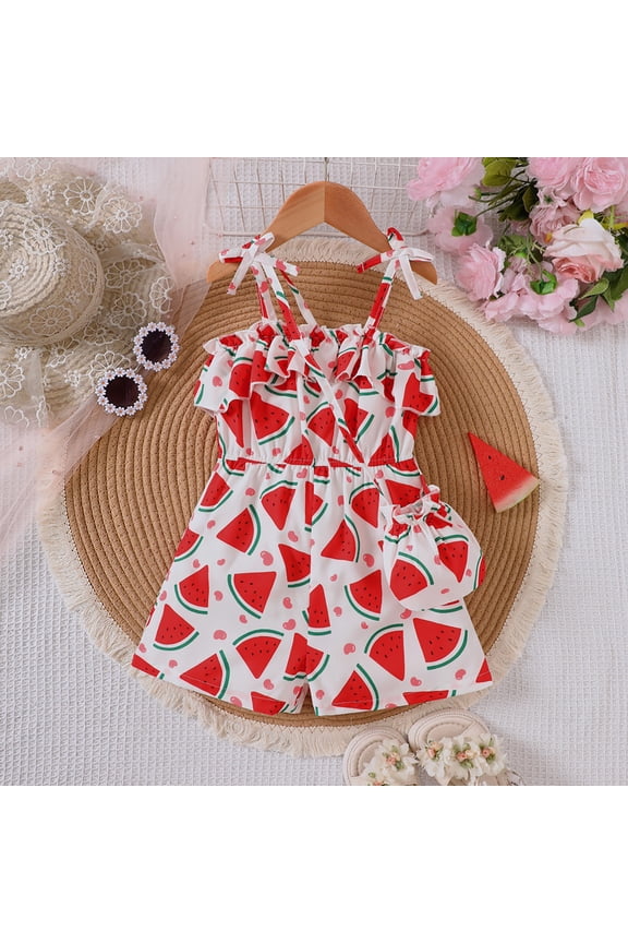 Baby Girls Outfits Mini Sleeveless Square Neck Watermelon Fruit Print Ruffle Trim Casual Summer Play Wear Bag Set