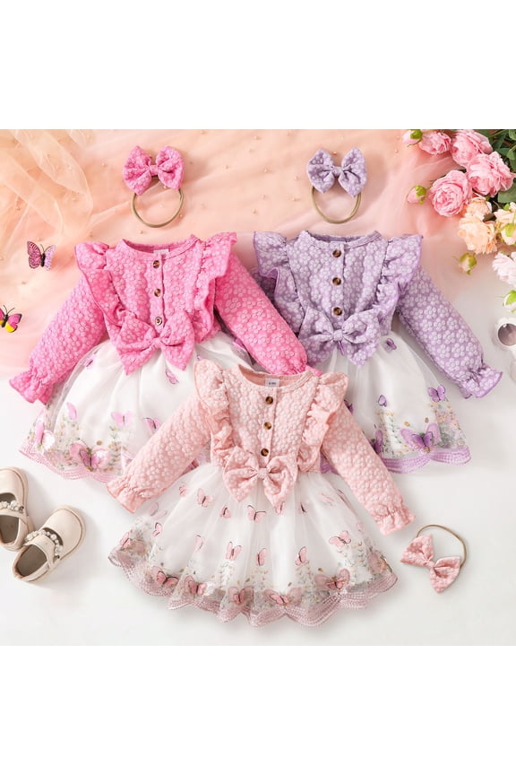 Baby Girls Twofer Play Dress Mini Long Sleeve Crewneck Butterfly Pattern Lace Mesh Bow Decor Headband Set Party Dress