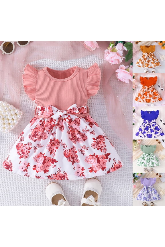 Baby Girls Twofer Sundress Mid Length Sleeveless Crewneck Floral Print Ribbed Knit Top Ruffle Shoulder Daily Wear