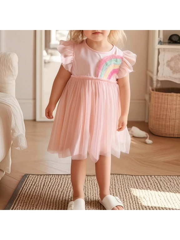 Baby Girls Twofer Tutu Dress Mini Short Sleeve Crewneck Ruffle Rainbow Decor Pleated Birthday Party