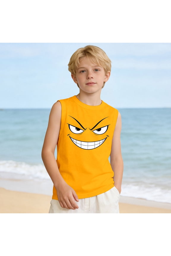 Big Boys Amusing Animated Expression T Shirts Sleeveless Casual Crewneck Knit Tank Summer Everyday Tops Active Playwear Tee