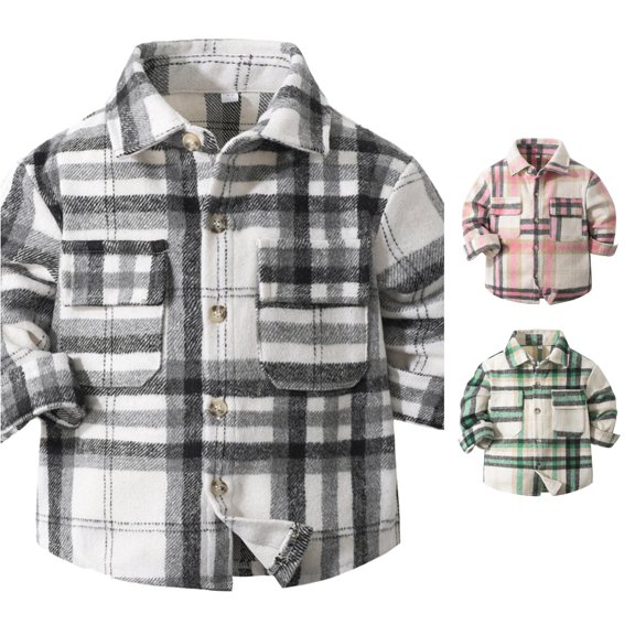 Trendfront Big Boys Color Block Plaid Pattern Tops Dapper Long Sleeve Button Down T Shirts Collared Functional Pocket Classical Casual Tee