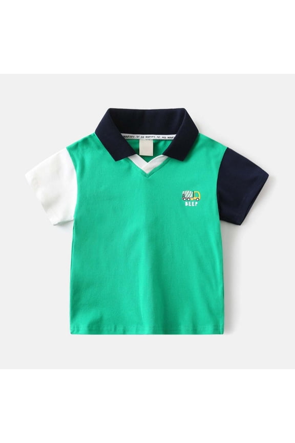 Big Boys Cool Cartoon Embroidered Tee Color Block Short Sleeve Polo Collared Preppy Style T Shirts Smart Casual Tops