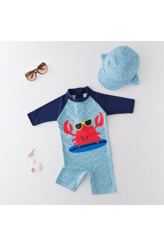 Boys 2 Piece Swimsuit Set Long Sleeve One Piece Rash Guard Crab Color Block Print Sun Protection Cap Suit