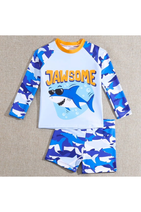 Boys 2 Piece Swimsuit Set Long Sleeve Rash Guard Cartoon Camo Shark Print Top Pants Sun Protection Swimwear