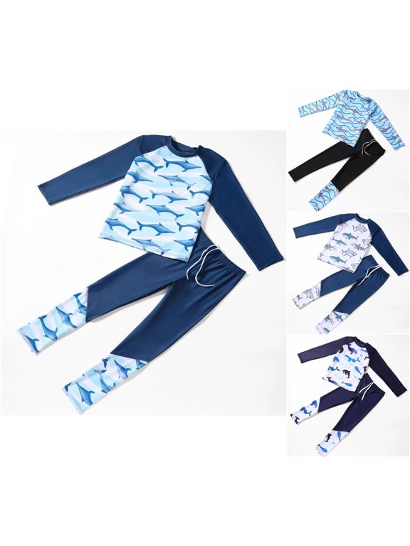 Boys 2 Piece Swimsuit Set Long Sleeve Rash Guard Cartoon Graphic Long Pants Surfing Suit Sun Protection Beach