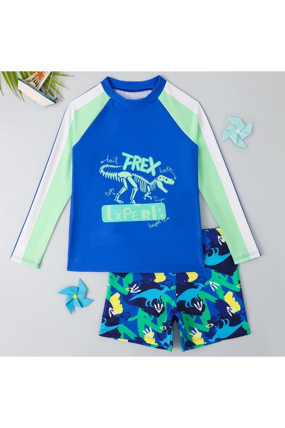 Boys 2 Piece Swimsuit Set Long Sleeve Sun Protection Rash Guard Top Cartoon Dinosaur Printed Shorts Bathing Suit