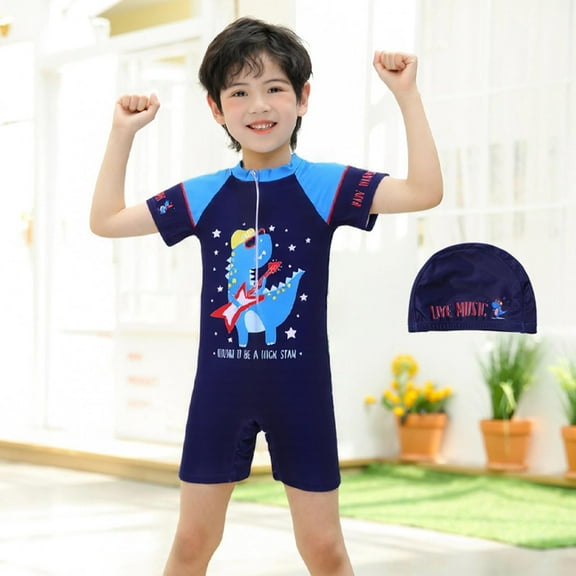 Trendfront Boys 2 Piece Swimsuit Set One Piece Boyleg Rash Guard Cartoon Printed Swim Cap Sun Protection Water Park