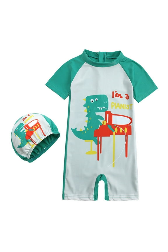 Boys 2 Piece Swimsuit Set One Piece Cartoon Dinosaur Print Rash Guard Swim Cap Sun Protection Bathing Suit