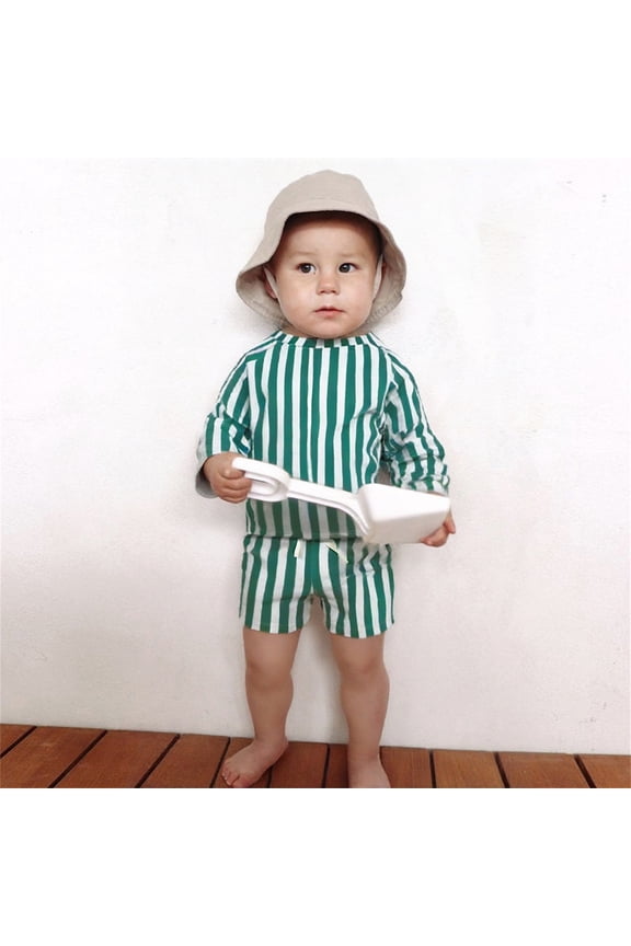 Boys 3 Piece Swimsuit Set Stripe Long Sleeve Sun Protection Rash Guard Top Boyleg Shorts Swim Cap Pool Suit