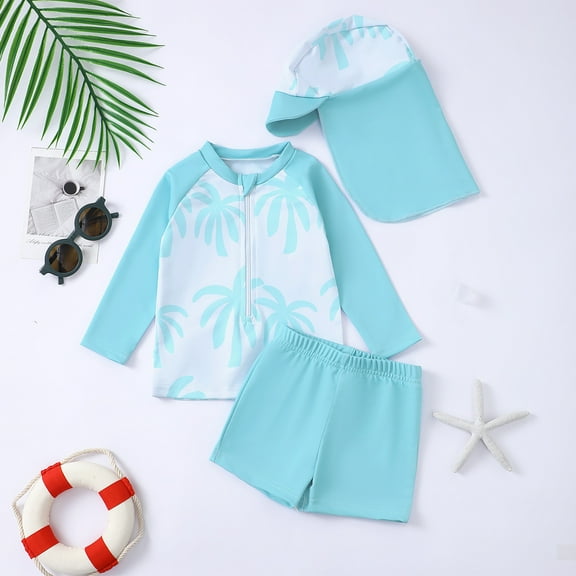 Trendfront Boys 3 Piece Swimsuit Set Tropical Style Printed Long Sleeve Rash Guard Swim Trunks Hat Summer Water Park Wear