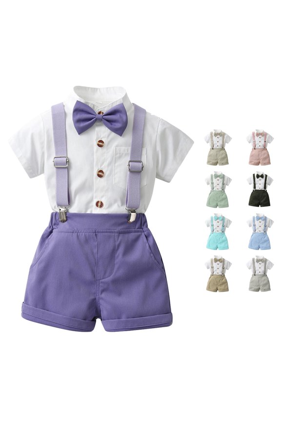 Boys 4 Piece Outfit Set Short Sleeve Shirt Shorts Suspenders Bow Tie Formal Suit Set Button Front Dressy Outfit For Boys Special Occasions