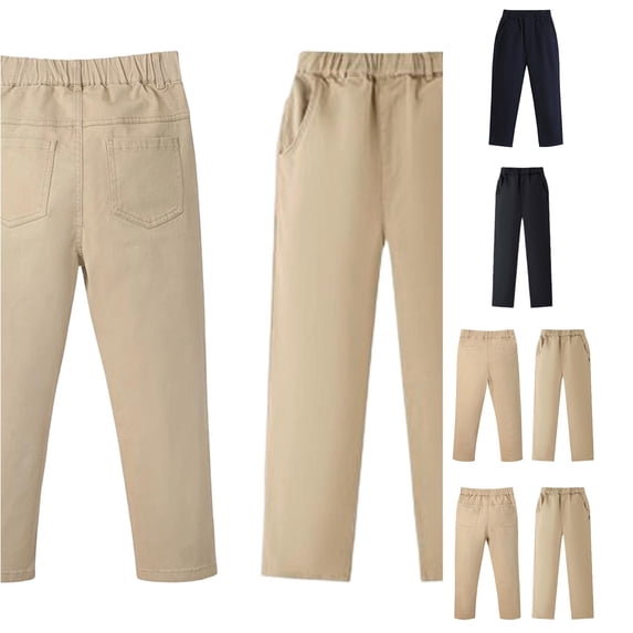 Trendfront Boys Back To School Uniform Pants Pull On Elastic Waist Drawstring Side Pockets Loose Straight Leg Everyday Classroom Bottoms