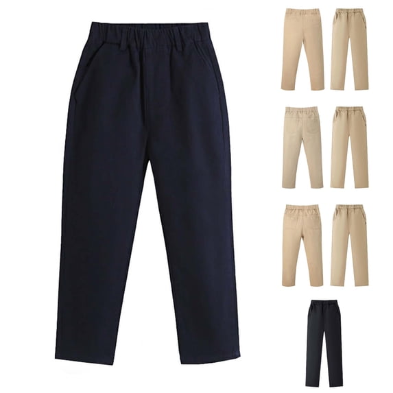 Trendfront Boys Back To School Uniform Pants Pull On Elastic Waist Drawstring Side Pockets Loose Straight Leg Everyday Classroom Bottoms