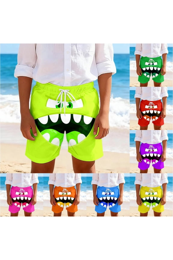 Boys Beach Shorts Funny Face Graphic Tie Drawstring Elastic Waist Casual Vacation Play Bottoms