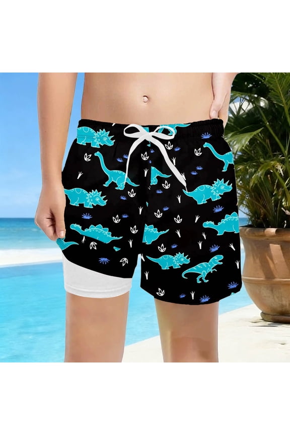 Boys Beach Shorts with Compression Liner Printed Pockets Drawstring Summer Double Layer Swim Trunks Shorts Water Sports Suit