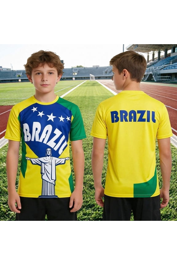 Boys Brazil Soccer Graphic Crewneck T Shirt Short Sleeve Printed Athletic Jersey Casual Summer Sport Fan Tee