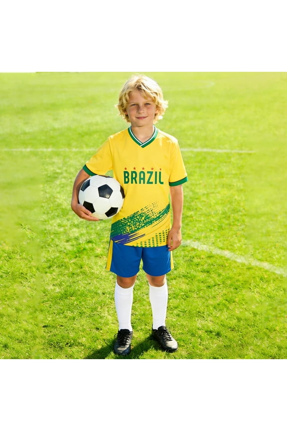 Boys Brazil Soccer Set 2 Piece V Neck Brush Stroke Graphic Team Spirit Match Day Athletic T Shirt and Shorts Sports Outfit