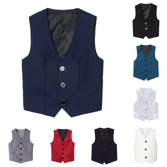 Trendfront Boys Casual Suit Vest T Shirts Academy School Style Sleeveless V Neck Button Down Solid Color Waistcoat Tops