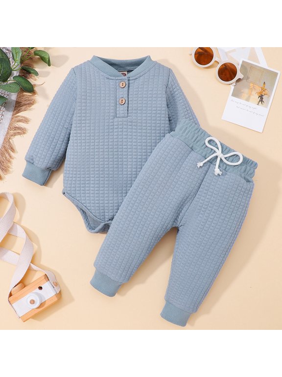 Boys Crewneck Romper And Pants 2 Piece Set Long Sleeve Solid Color Thic Winter Warm Soft Cozy Play Clothing Set
