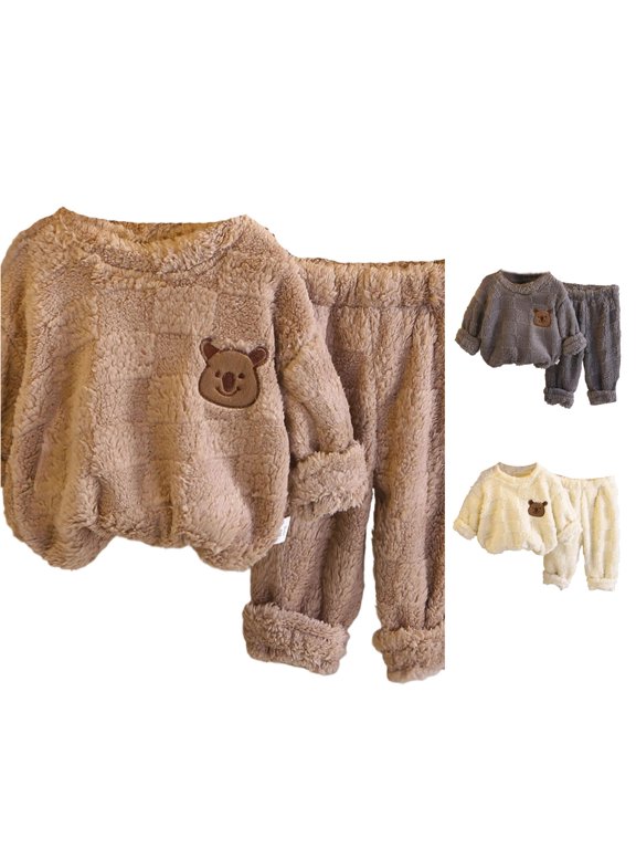 Boys Crewneck Sweatshirt And Long Pants 2 Piece Set Long Sleeve Cartoon Bear Graphic Fleece Thic Winter Comfortable Sleepwear Set
