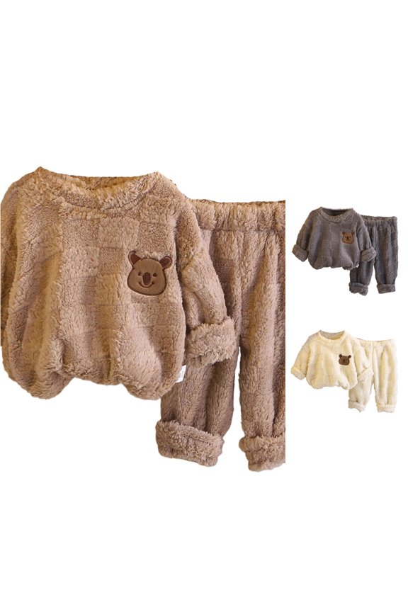 Boys Crewneck Sweatshirt And Long Pants 2 Piece Set Long Sleeve Cartoon Bear Graphic Fleece Thic Winter Comfortable Sleepwear Set