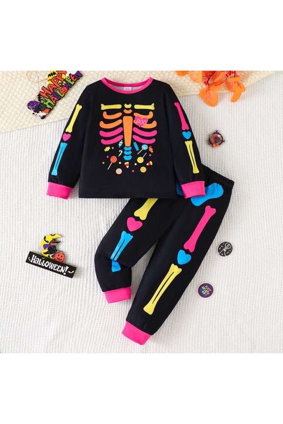 Boys Crewneck Sweatshirt And Pants 2 Piece Set Long Sleeve Cartoon Skeleton Graphic Fall Winter Halloween Holiday Clothing Set