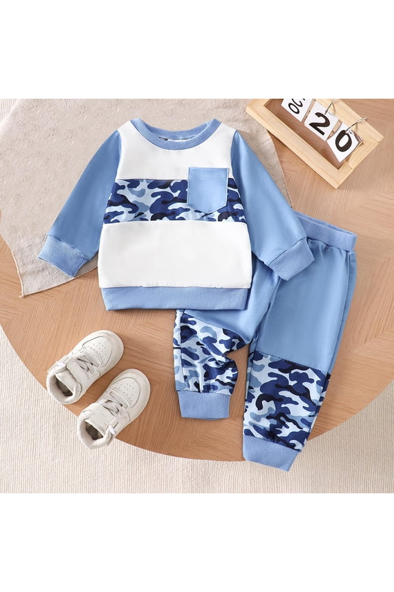 Boys Crewneck Sweatshirt And Pants 2 Piece Set Long Sleeve Color Block Camo Print Fall Winter School Day Clothes Set