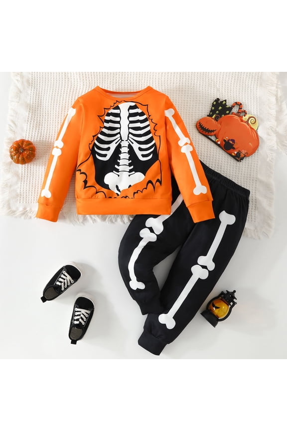 Boys Crewneck Sweatshirt And Pants 2 Piece Set Long Sleeve Skeleton Graphic Fall Winter Halloween Holiday Outfit