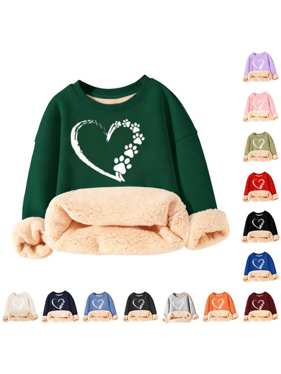 Boys Crewneck Sweatshirts Heart Paw Print Graphic Long Sleeve Warm Loose Fit Fall Winter Weekend Outfit Pullover Tops