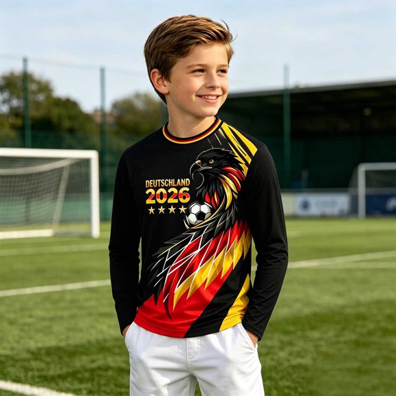 Trendfront Boys' Deutschland Soccer Jersey Top Crewneck Long Sleeve Eagle Graphic Activewear Shirt Patriotic Training T-Shirt