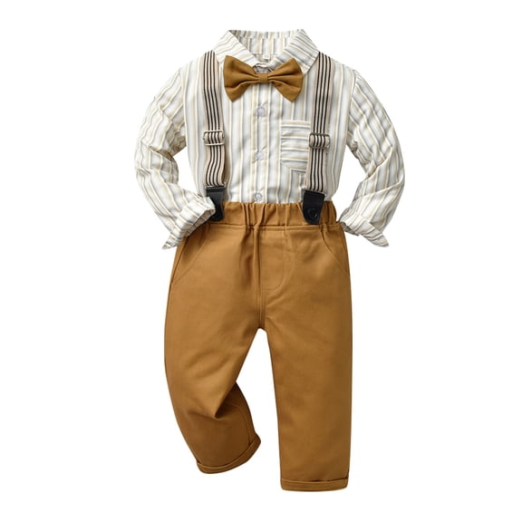 Trendfront Boys Dress Shirt And Pants 2 Piece Set Long Sleeve Stripe Print Fall Winter Classic Dressy Look Formal Family Photo Outfit
