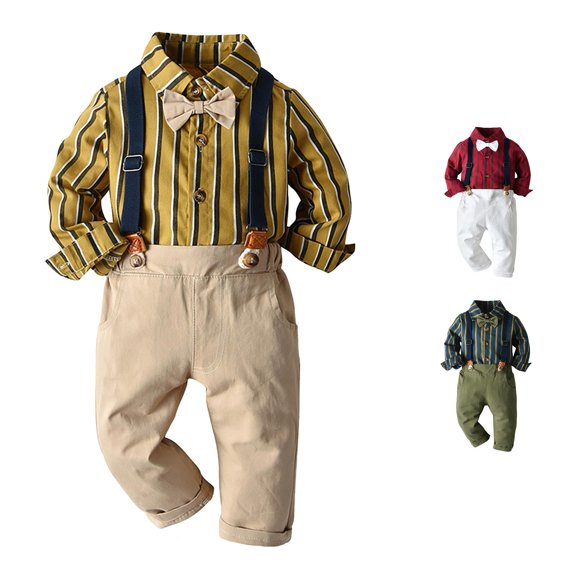 Trendfront Boys Dress Shirt And Suspender Pants 2 Piece Set Long Sleeve Stripe Print Fall Winter Classic Formal Clothing Set