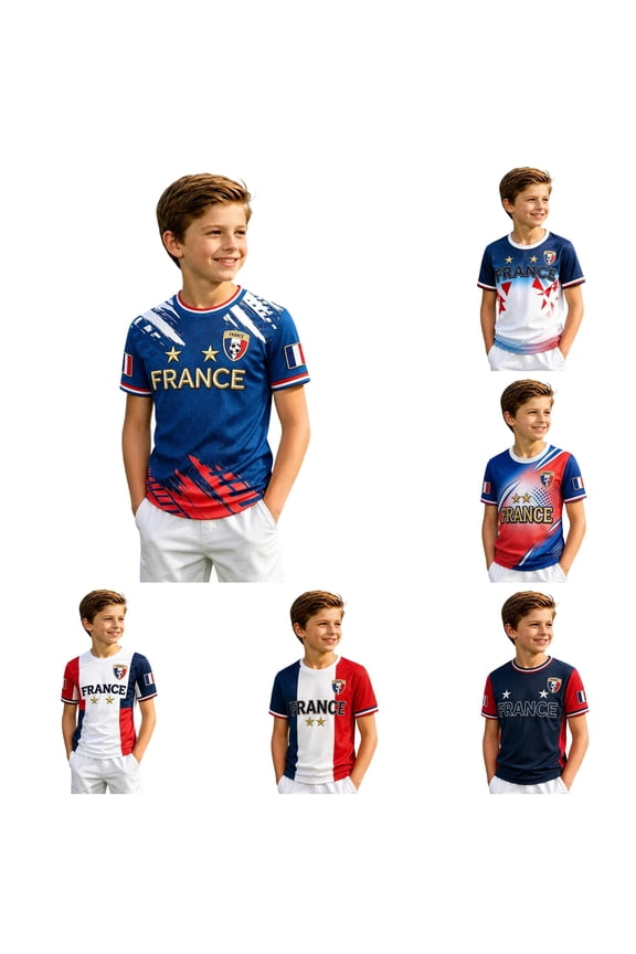 Boys France Soccer Short Sleeve Crewneck National Flag Tricolor Ribbon Gold Stars Crest 2026 School Sports Athletic Casual Summer Shirt