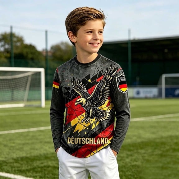 Trendfront Boys' Germany Crewneck T-Shirt Long Sleeve Eagle Graphic Print Activewear Shirt Athletic Team Colors Sporty Tee