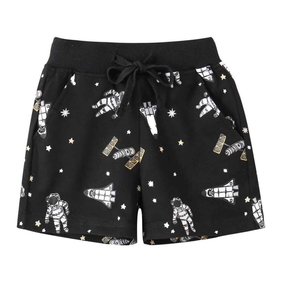 Trendfront Boys Graphic Shorts Astronaut Print Summer Drawstring Elastic Waist Casual Outer Space Kids Wear
