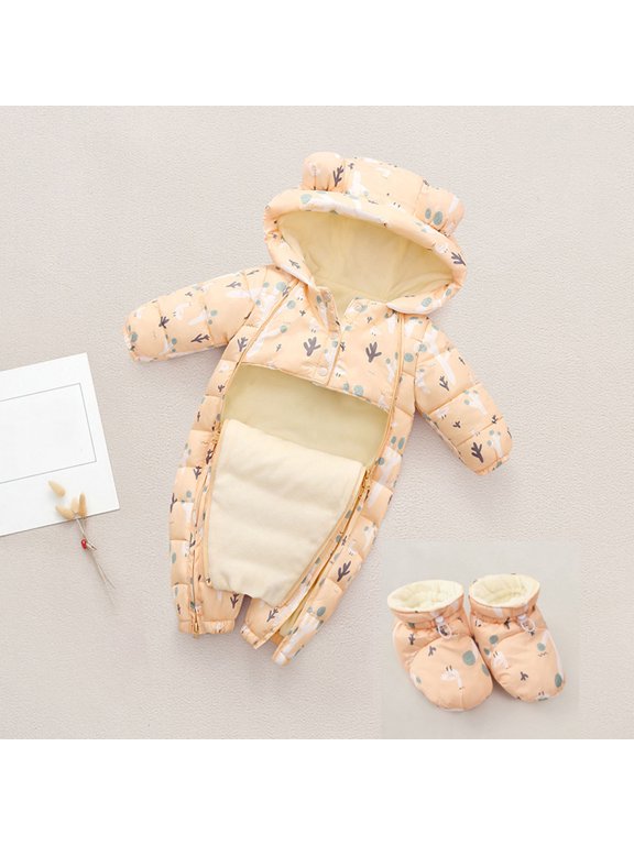 Boys Hooded Romper And Shoes 2 Piece Set Long Sleeve Solid Color Thic Winter Warm Outdoor Outerwear Outfit