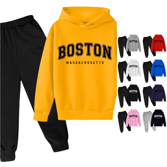 Trendfront Boys Hoodie And Pants 2 Piece Set Long Sleeve Boston Letter Graphic Easy Matching Style Fall Winter Casual Outfit
