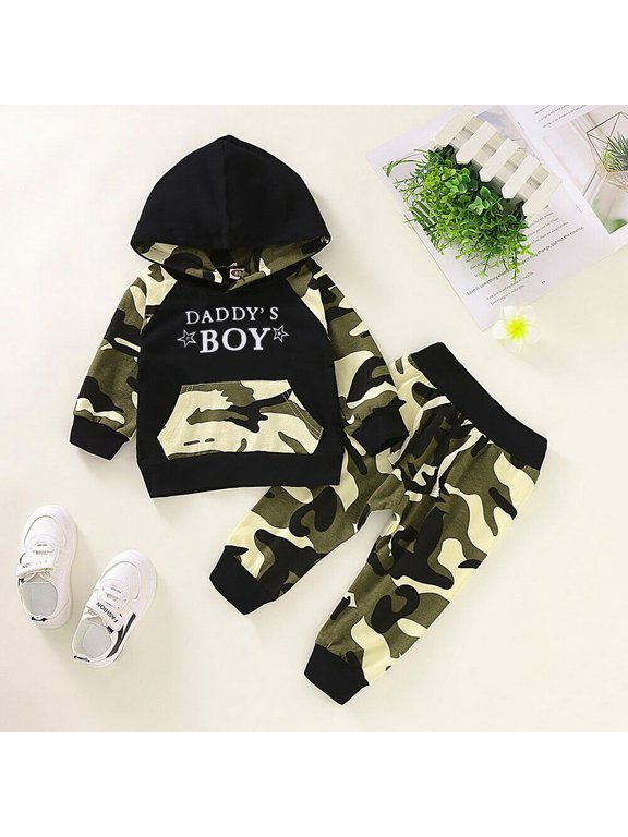 Boys Hoodie And Pants 2 Piece Set Long Sleeve Camo Print Letter Graphic Kangaroo Pocket Fall Winter Casual Daily Outfit